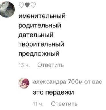 именительный родительный дательный творительный предложный Ответить ‘a александра от вас это пердежи Ответить