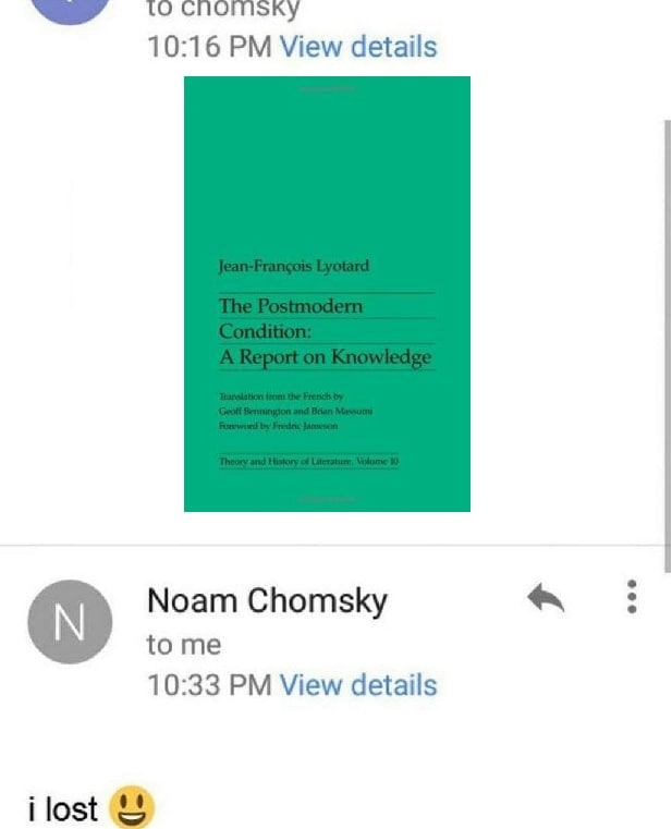 10:16 View details Noam Chomsky to me 10:33 View details ilost