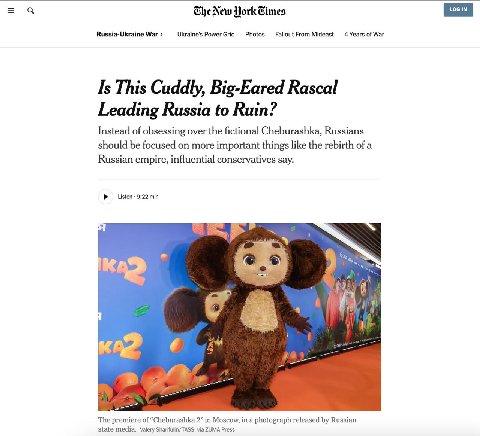 The New Russia-Ukraine War Power Grid Photos Fallout From Mideast of War Is This Cuddly, Big-Eared Rascal Leading Russia to Ruin? Instead of obsessing over the fictional Cheburashka, Russians should b