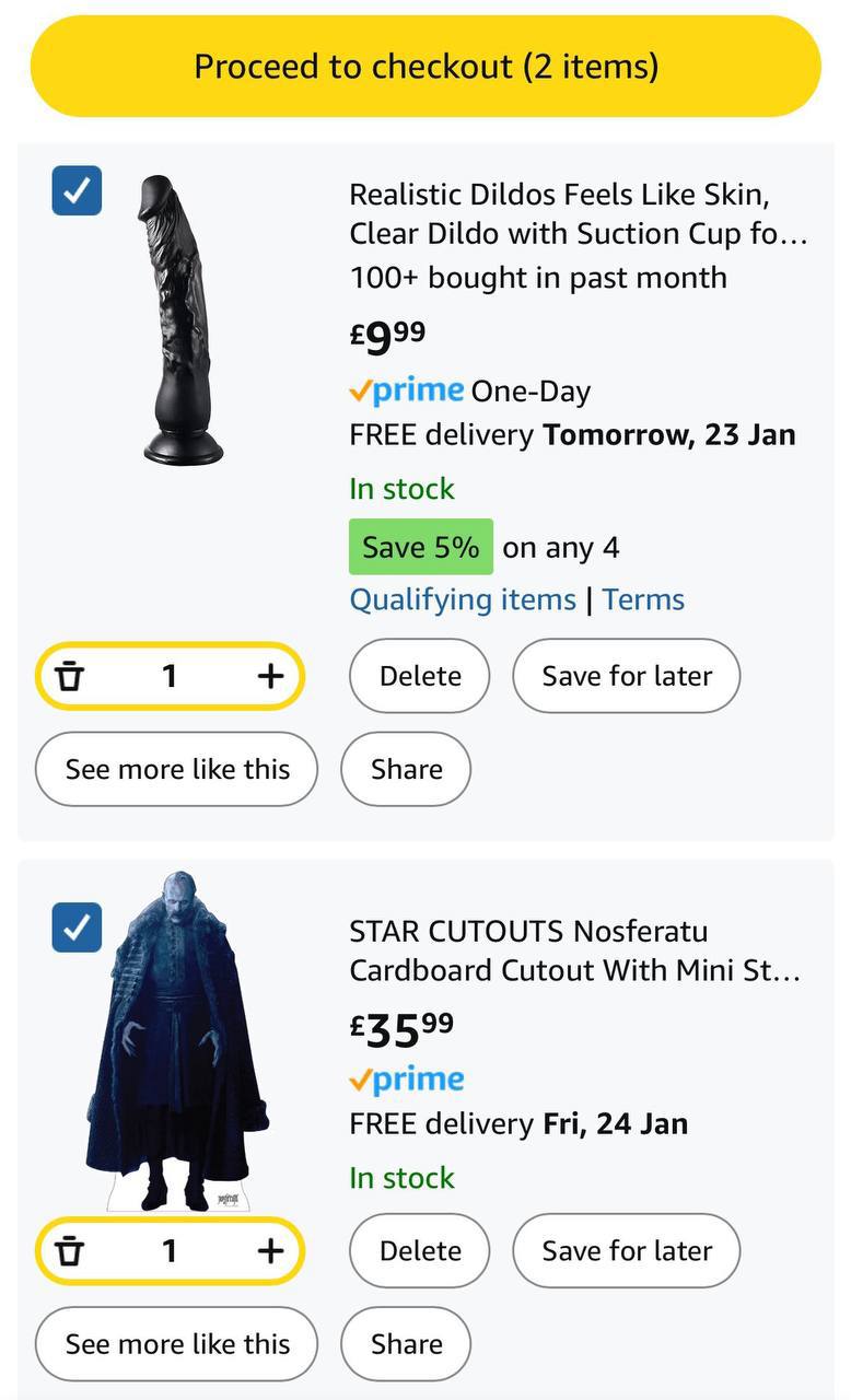 Proceed to checkout (2 items) Realistic Dildos Feels Like Skin, у Clear Dildo with Suction Cup 100+ bought past month £999 prime One-Day FREE delivery Tomorrow, 23 Jan In stock Save 5% onany 4 Qualify