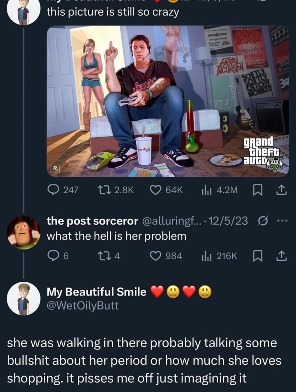 this picture is still so crazy a о 247 64к A 12/5/23 the post sorceror @alluringf what the hell is her problem Об 134 984 My Beautiful Smile @WetOilyButt 9 she was walking in there probably talking so