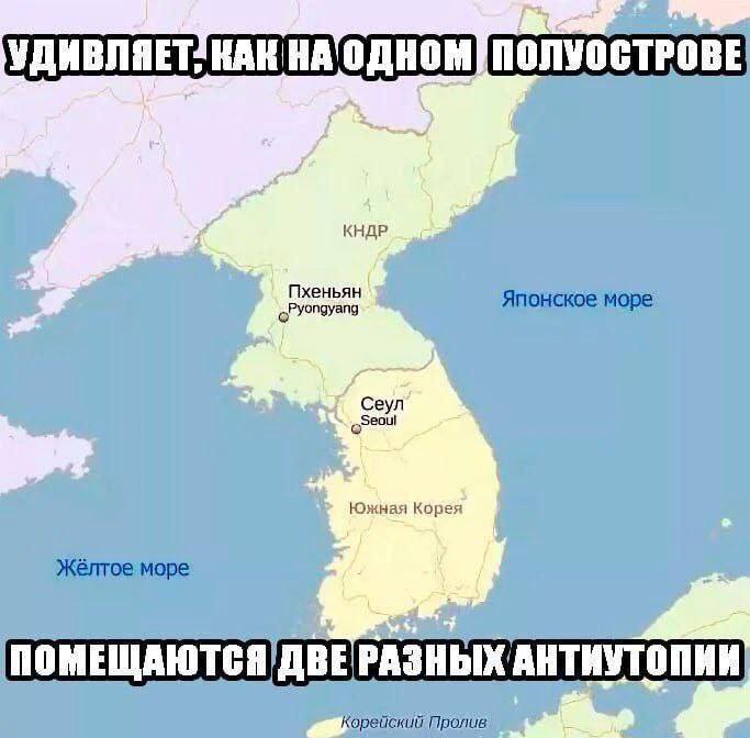 УДИВЛЯЕТ. RAR НАОДНОМ ПОЛУОСТРОВЕ КНДР Японское море Сеул Южная Kopes Жёлтое море ПОМЕЩАЮТСЯ ДВЕ РАЗНЫХ АНТИУТОПИИ Корейский Пролив