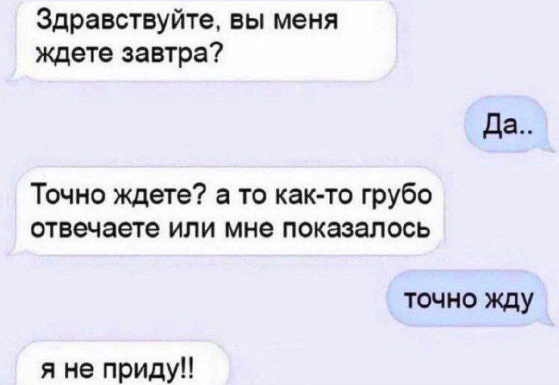 Здравствуйте, вы меня ждете завтра? Да Точно ждете? а то как-то грубо отвечаете или мне показалось точно жду я не приду!!