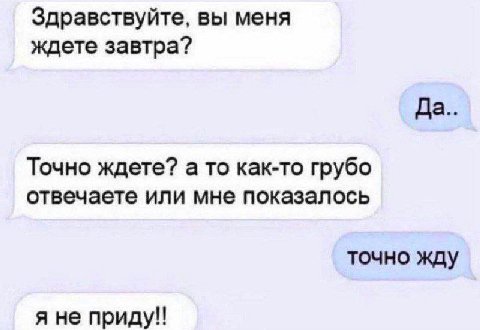 Здравствуйте, вы меня ждете завтра? Да Точно ждете? а то как-то грубо отвечаете или мне показалось точно жду я не приду!!
