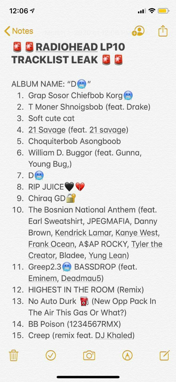 12:06 7 RADIOHEAD TRACKLIST LEAK ALBUM МАМЕ: 1. Grap Sosor Chiefbob 2. Moner Shnoigsbob (feat. Drake) 3. Soft cute cat 4. 21 Savage (feat. 21 savage) 5. Choquiterbob Asongboob 6. William Buggor (feat.