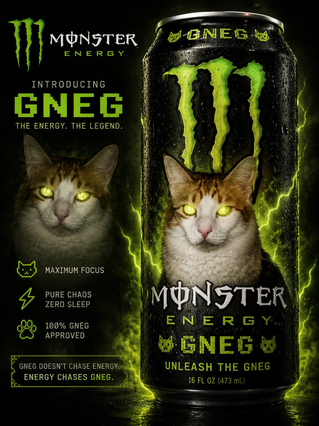 A MONSTER ENERGY INTRODUCING THE ENERGY. THE LEGEND. i у У К 28 —4 MAXIMUM FOCUS 1 PURE CHAOS ZERO SLEEP Ты vie 9$ 100% GNEG APPROVED GNEG CHASE UNLEASH THE GNEG laa ENERGY CHASES GNEG. 16 07 (473
