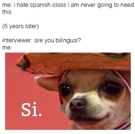 me: i hate spanish class i never going to need this (5 years later) interviewer: are you bilingual? me: