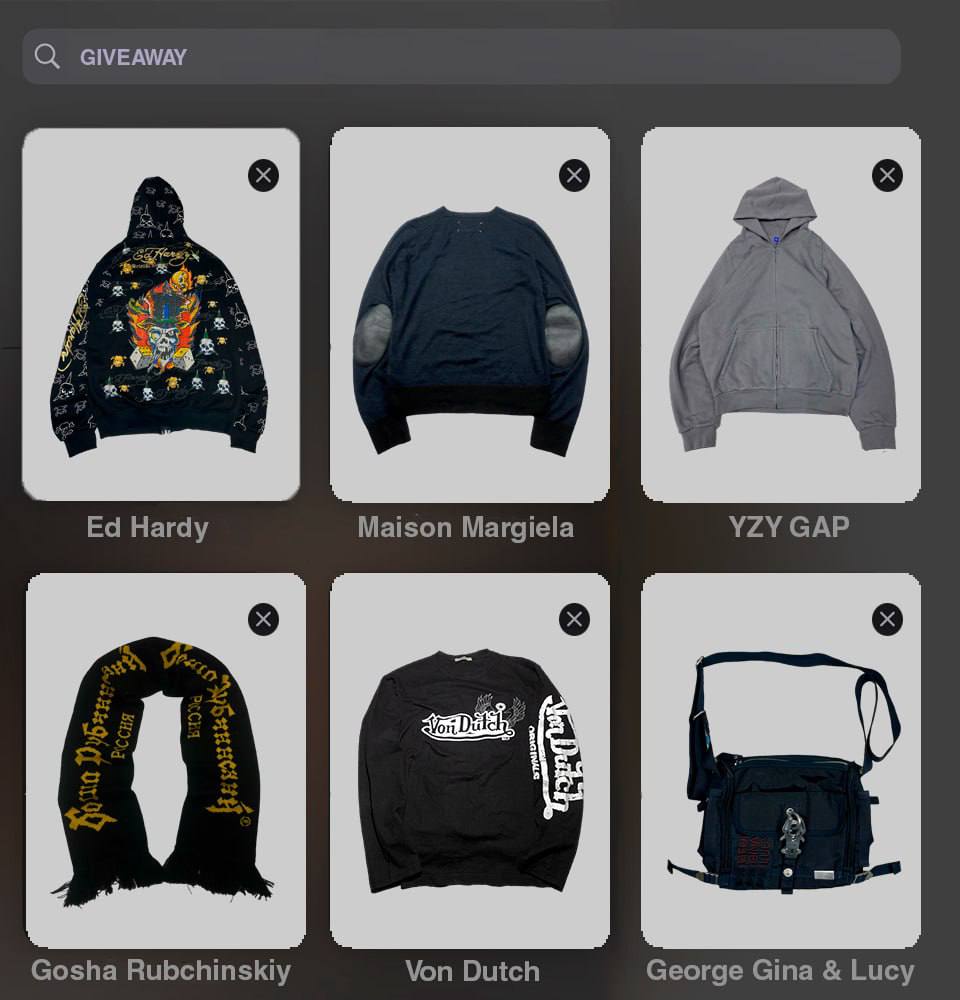 GIVEAWAY 
Условия и призы ⬇️
1.Быть подписанным на 

GothMarket - Maison Margiela 1

Serènity - YZY GAP 2

Aduvanski - Gеorge Gina & Lucy 3

Yoxigin - Ed Hardy 4

Rarstock - Gosha Rubchinskiy 5 

Sofi
