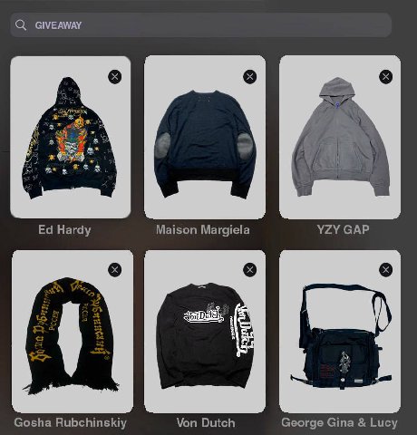 GIVEAWAY 
Условия и призы ⬇️
1.Быть подписанным на 

GothMarket - Maison Margiela 1

Serènity - YZY GAP 2

Aduvanski - Gеorge Gina & Lucy 3

Yoxigin - Ed Hardy 4

Rarstock - Gosha Rubchinskiy 5 

Sofi
