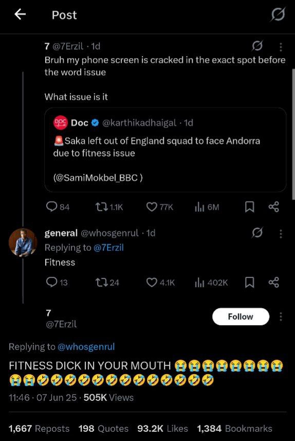 Post 7 Вий my phone is cracked in exact spot before the word issue What issue is if Doc Saka left out of squad to face Andorra due to fitness issue BBC бепега] Fitness FITNESS DICK IN YOUR MOUTH 505К 