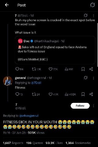Post 7 Вий my phone is cracked in exact spot before the word issue What issue is if Doc Saka left out of squad to face Andorra due to fitness issue BBC бепега] Fitness FITNESS DICK IN YOUR MOUTH 505К 