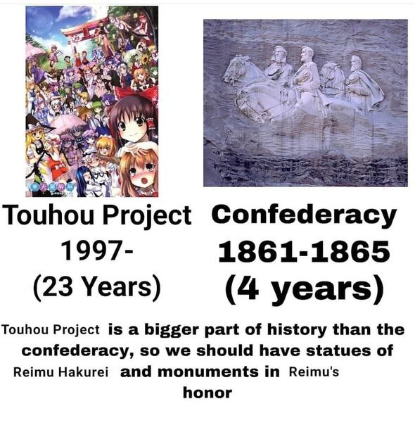 Touhou Project Confederacy 1997- 1861-1865 (23 Years) (4 years) Touhou Project is a bigger part of history than the confederacy, so we should have statues of Reimu Hakurei and monuments in Reimu's hon