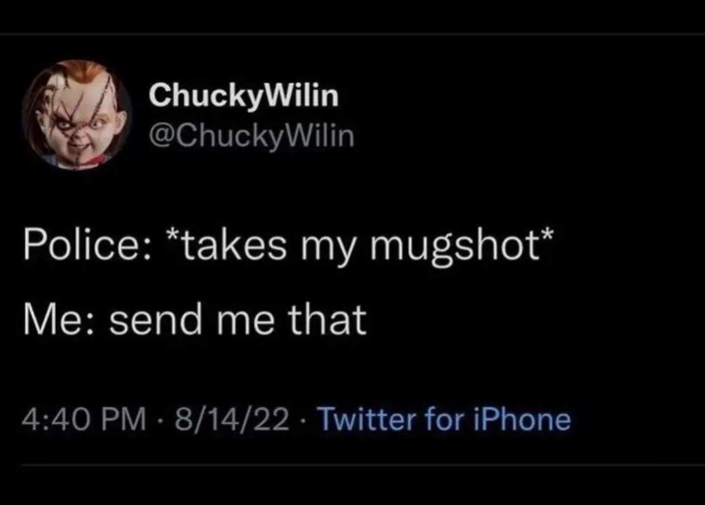 ChuckyWilin @ChuckyWilin Police: “takes my mugshot* Me: send me that 4:40 8/14/22 Twitter for iPhone