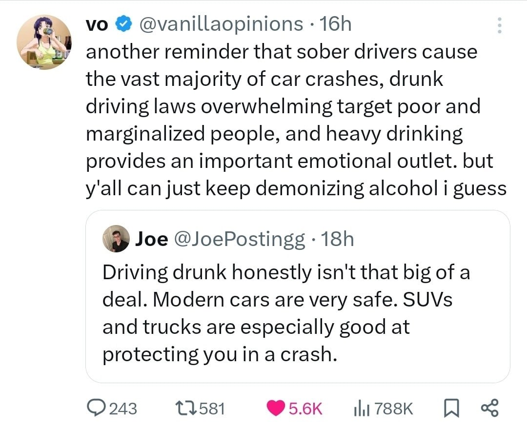 @vanillaopinions 4 another reminder that sober drivers cause vast majority of car crashes, drunk driving laws overwhelming target poor and marginalized people, and heavy drinking provides an important