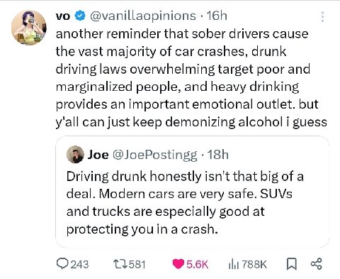 @vanillaopinions 4 another reminder that sober drivers cause vast majority of car crashes, drunk driving laws overwhelming target poor and marginalized people, and heavy drinking provides an important