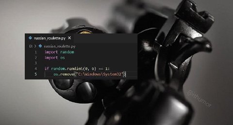 к a russian_roulette.py у О: russian_roulette.py 1 import random 2 import и 4 if random.randint(@, 6) 1: 05. гетоме("с \Windows\system32")|