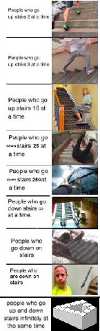 who up stairs 2 atatine к 4 People who up stairs 3 at a time People who up stairs 16 at а time People who down Stairs 25 at 35” а time в People who 250at 4 a time People who down stairs at a time a Pe