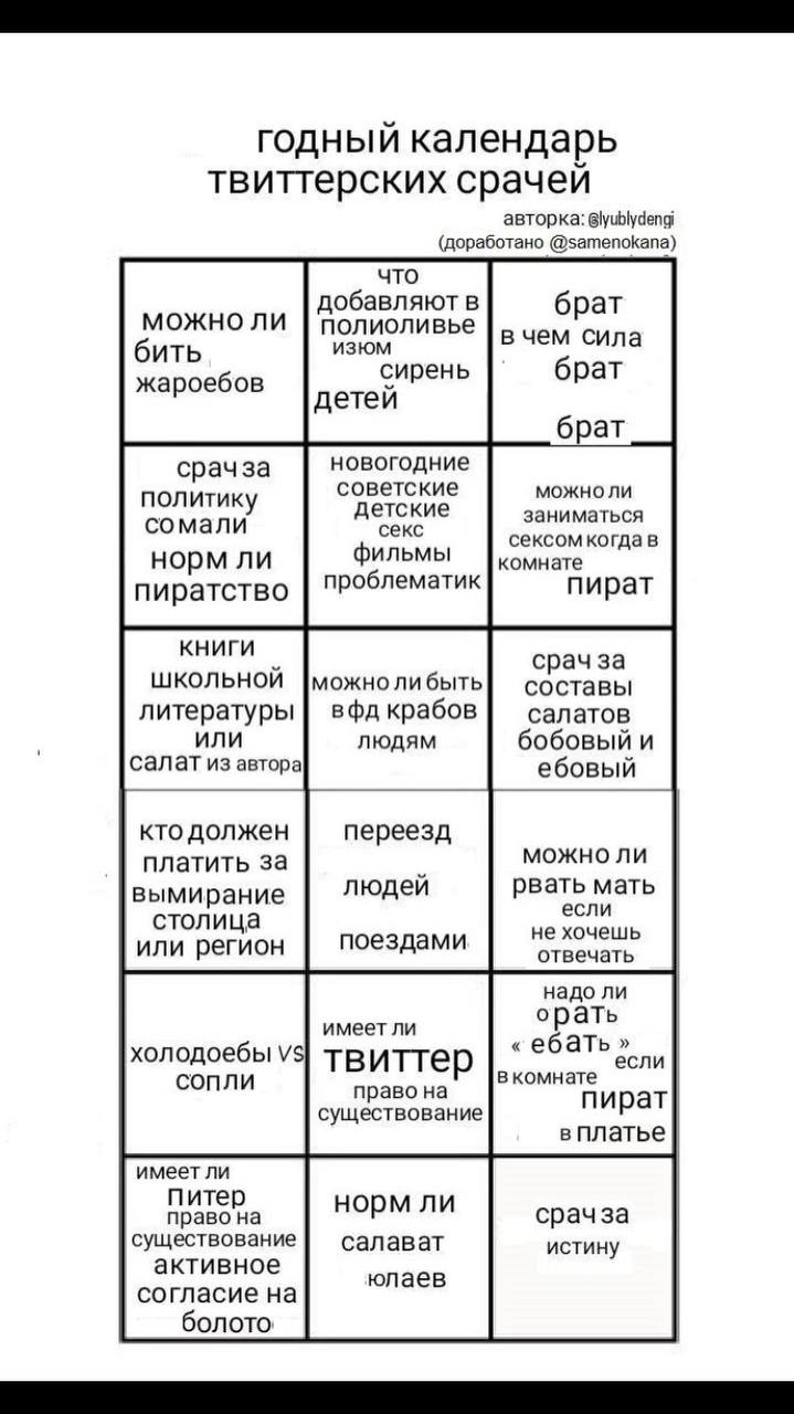 годный календарь твиттерских срачей авторка: (доработано @samenokana) что можно ли добавляют в брат полиоливье в чем сила бить изюм сирень брат жароебов детей брат срачза новогодние политик советские 
