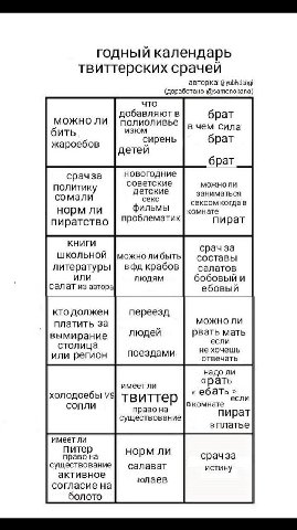 годный календарь твиттерских срачей авторка: (доработано @samenokana) что можно ли добавляют в брат полиоливье в чем сила бить изюм сирень брат жароебов детей брат срачза новогодние политик советские 