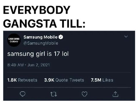 EVERYBODY GANGSTA TILL: Samsung Mobile У Samsung girl is 17 lol 8:49 Jun 2, 2021 Retweets Quote Tweets 7.5MLikes