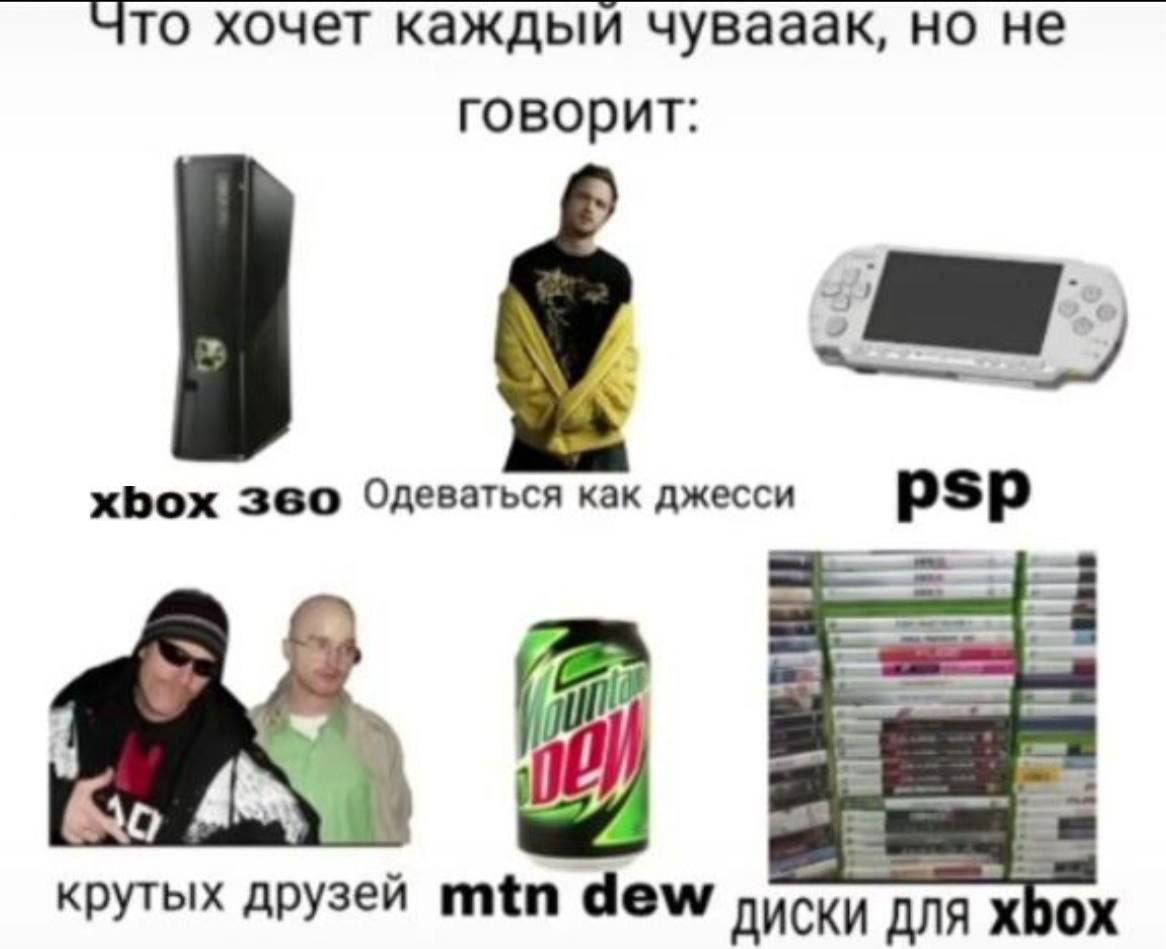 что хочет каждый чувааак, но не говорит: xbox 360 Одеваться как джесси psp 2 Kin крутых друзей mtn dew диски для DOX