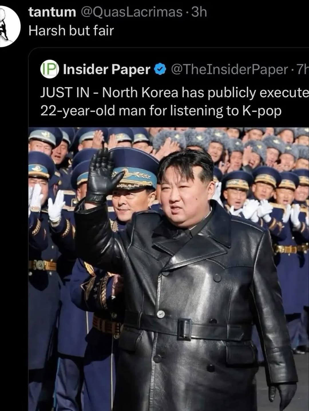 tantum Harsh but fair Insider Paper JUST IN North Korea has publicly execute 22-year-old man for listening to K-pop у