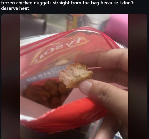 frozen chicken nuggets straight from the bag because don’t deserve heat