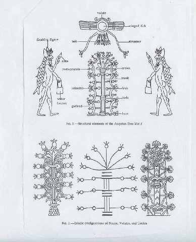 volute inged disk flanking figure tail cone pomegranate- А palmett uit iN water ode bucket garland: вазе Во. 1,—Structural elements of the Assyrian Tree Motif 0 AVP 2 sO А OMG А A Fic. 2.—Triadic conf
