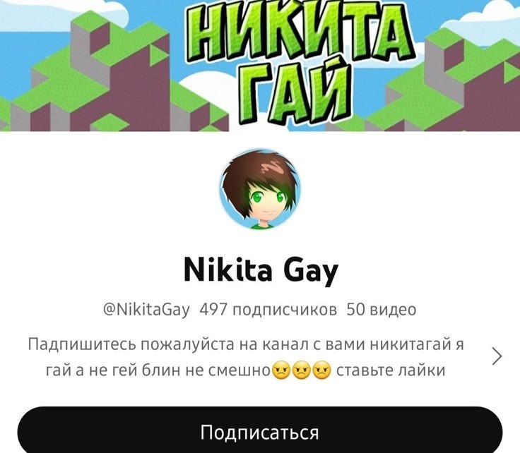 и Nikita Gay @NikitaGay 497 подписчиков 50 видео Падпишитесь пожалуйста на канал с вами никитагай я гай а не гей блин не ставьте лайки Подписаться