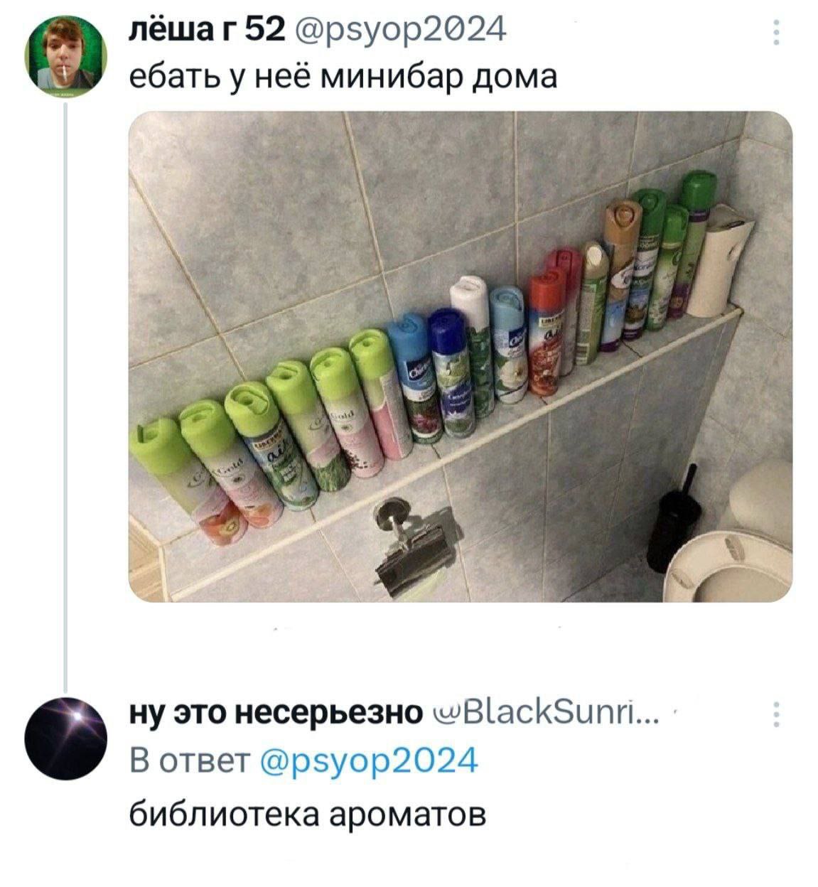лёшаг 52 @psyop2024 ебать у неё минибар дома 4 2 ну это несерьезно В ответ @psyop2024 библиотека ароматов