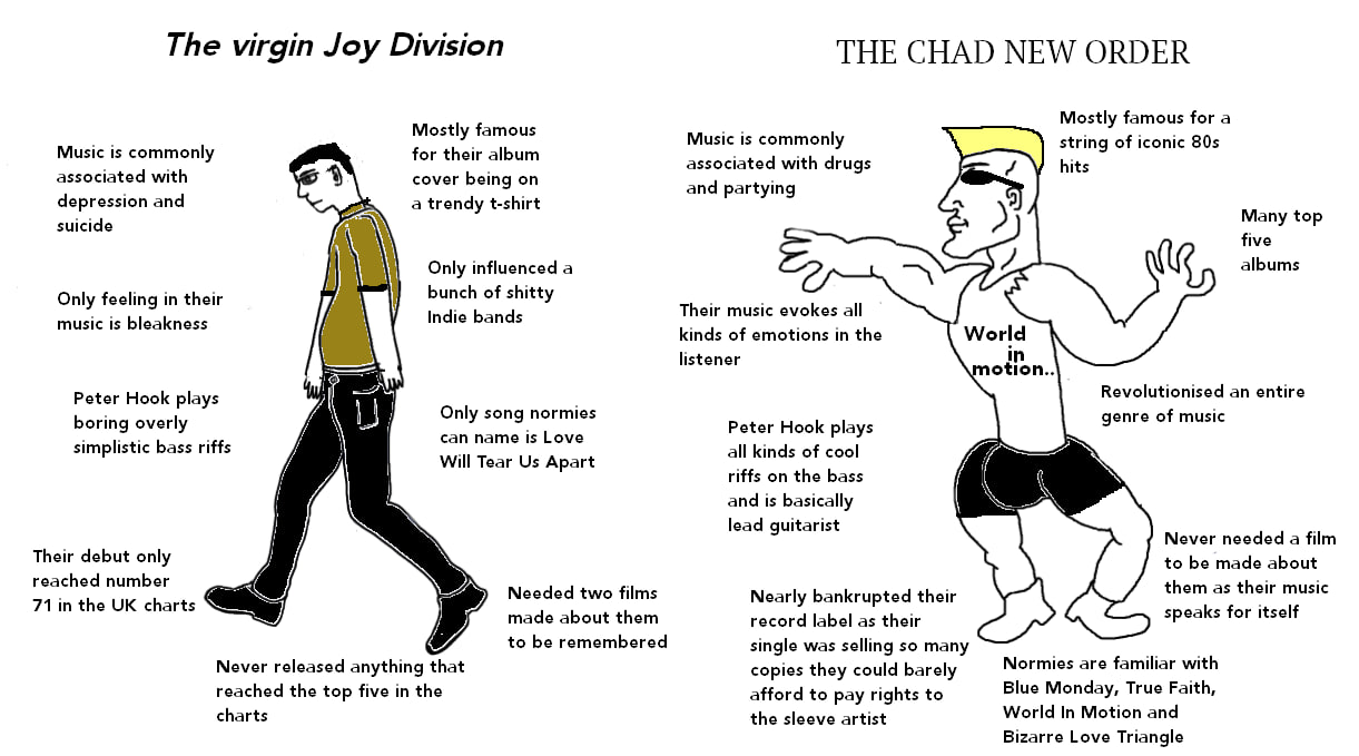 The virgin Joy Division THE CHAD NEW ORDER Mostly famous for a Music is commonl Music is commonly string of iconic mony associated with drugs hits associated with cover being on and partying depressio
