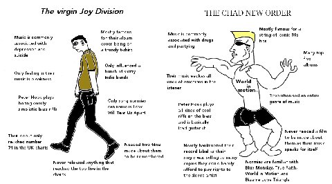 The virgin Joy Division THE CHAD NEW ORDER Mostly famous for a Music is commonl Music is commonly string of iconic mony associated with drugs hits associated with cover being on and partying depressio