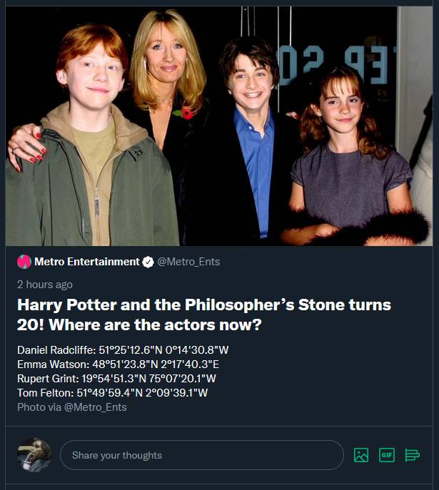 24 Metro Entertainment @Мено Ents 2 hours ago Harry Potter and the Philosopher’s Stone turns 20! Where are the actors now? Daniel Radcliffe: Emma Watson: Rupert Grint: Tom Felton: Photo via @Metro_Ent