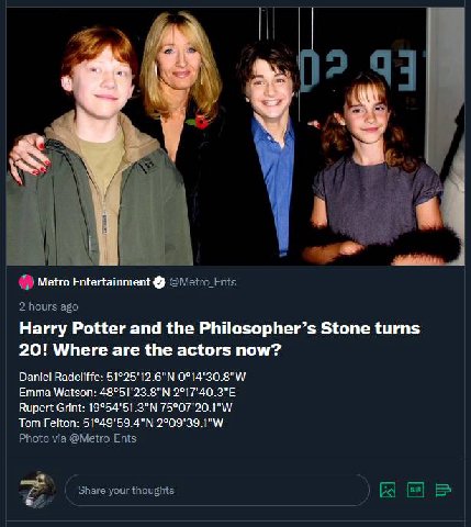 24 Metro Entertainment @Мено Ents 2 hours ago Harry Potter and the Philosopher’s Stone turns 20! Where are the actors now? Daniel Radcliffe: Emma Watson: Rupert Grint: Tom Felton: Photo via @Metro_Ent