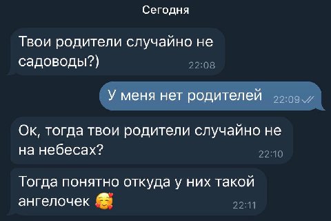Сегодня Твои родители случайно не садоводы?) 22:08 У меня нет родителей тогда твои родители случаино не на небесах? 22:10 Тогда понятно откуда у них такой ангелочек 22:11