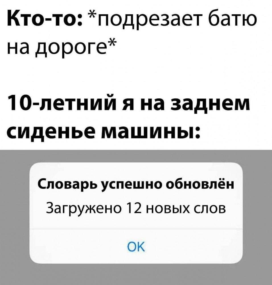 Кто-то: *подрезает батю на дороге* 10-летний я на заднем сиденье машины. Словарь успешно обновлён Загружено 12 новых слов