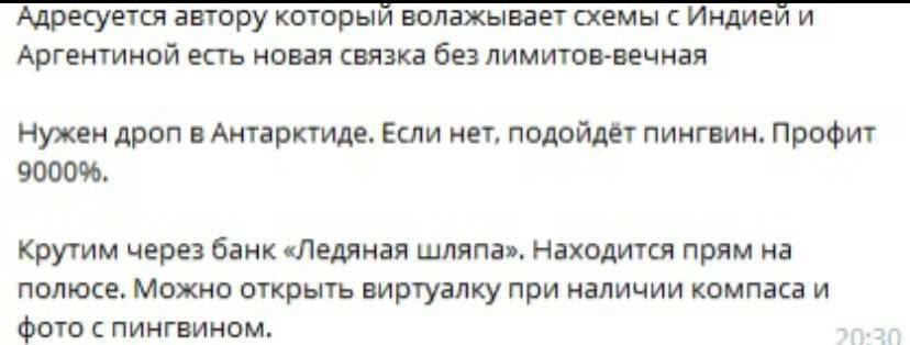 Адресуется автору который волажывает схемы с Индией и Аргентиной есть новая связка без лимитов-вечная Нужен дроп в Антарктиде. Если нет, подойдёт пингвин. Профит 9000%, Крутим через банк «Ледяная шляп