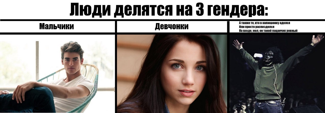 Люди делятся на 3 гендера: Атакже кто в оделся Мальчики Или просто распизделся На входе, мол, он такой пацанчик ровный А у oat 3 We
