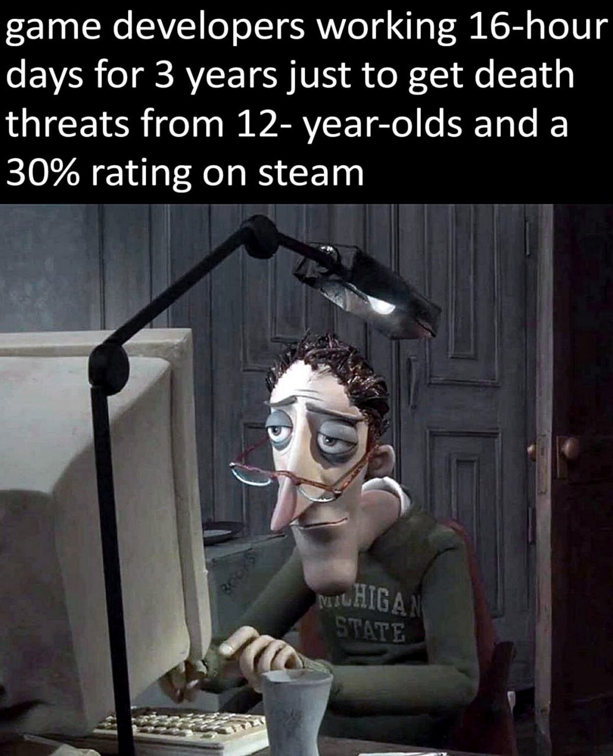 game developers working 16-hour days for 3 years just to get death threats from 12- year-olds anda 30% rating on steam