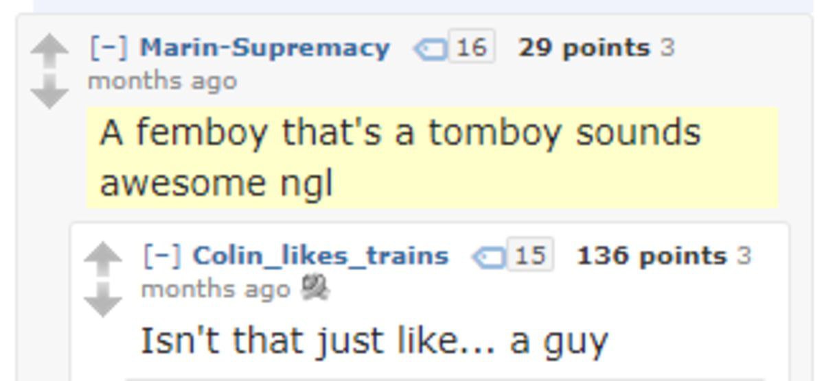 Marin-Supremacy 29 points 3 months ago A femboy that's a tomboy sounds awesome Colin_likes_ trains <115 136 points 3 months ago Isn't that just like... a guy
