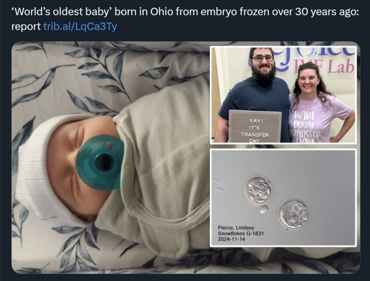 ‘World’s oldest baby’ born in Ohio from embryo frozen over 30 years ago: report Pierce, Lindsey 2024-11-14 Snowflakes