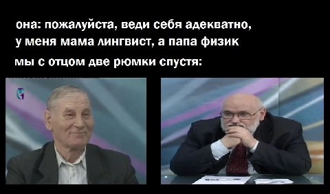 она: пожалуйста, веди себя адекватно, у меня мама лингвист, а папа физик мы с отцом две рюмки спустя: