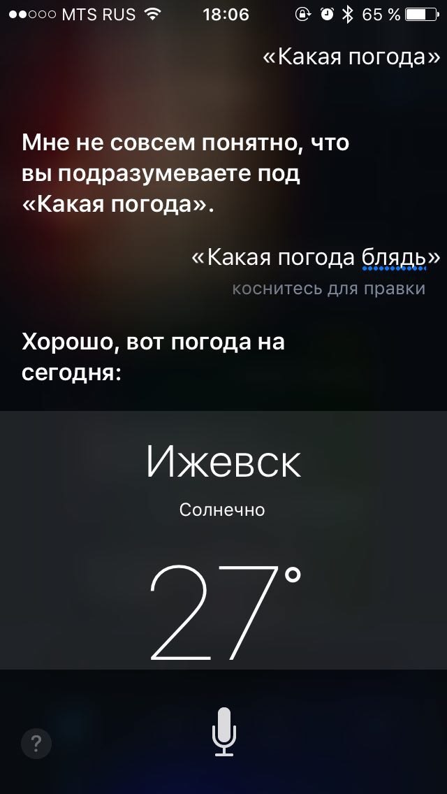 MTS RUS 18:06 65 «Какая погода» Мне не совсем понятно, что вы подразумеваете под «Какая погода». «Какая погода блядь» COCHUTECb для правки Хорошо, вот погода на сегодня: Ижевск Солнечно 2/