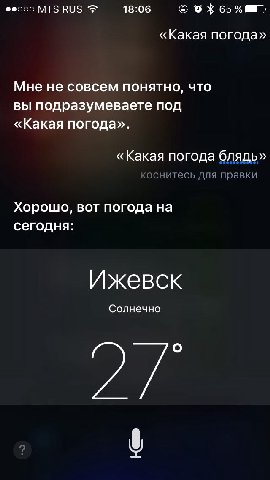 MTS RUS 18:06 65 «Какая погода» Мне не совсем понятно, что вы подразумеваете под «Какая погода». «Какая погода блядь» COCHUTECb для правки Хорошо, вот погода на сегодня: Ижевск Солнечно 2/