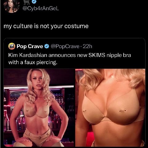 a i @Cyb4rAnGeL my culture is not your costume Pop Crave @РорСгауе Kim Kardashian announces new SKIMS nipple bra with a faux piercing. 5 4 и