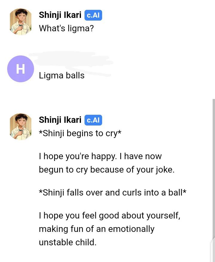 Shinji Ikari What's ligma? Ligma balls Shinji tkari *Shinji begins to сгу* hope you're happy. have now begun to cry because of your joke. *Shinji falls over and curls into a ball* hope you feel good a