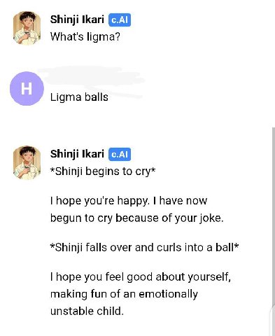 Shinji Ikari What's ligma? Ligma balls Shinji tkari *Shinji begins to сгу* hope you're happy. have now begun to cry because of your joke. *Shinji falls over and curls into a ball* hope you feel good a