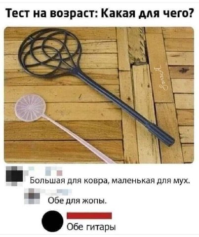 Тест на возраст: Какая для чего? Большая для ковра, маленькая для мух. Обе для жопы. Обе гитары