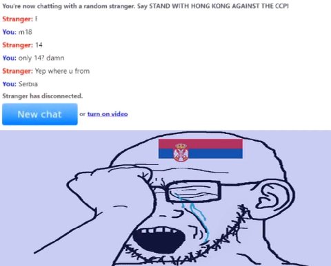 You're now chatting with a random stranger. Say STAND WITH HONG KONG AGAINST THE CCP! Stranger: You: Stranger: 14 You: only 14? damn Stranger: Yep where from You: Serbia Stranger has disconnected. or 