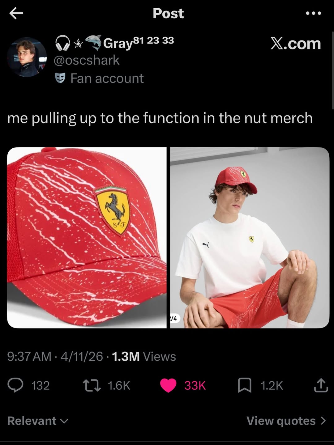 Post 23 33 X.com @oscshark Fan account me pulling up to the function in the nut merch А А 9:37 4/11/26 Views 132 Relevant View quotes